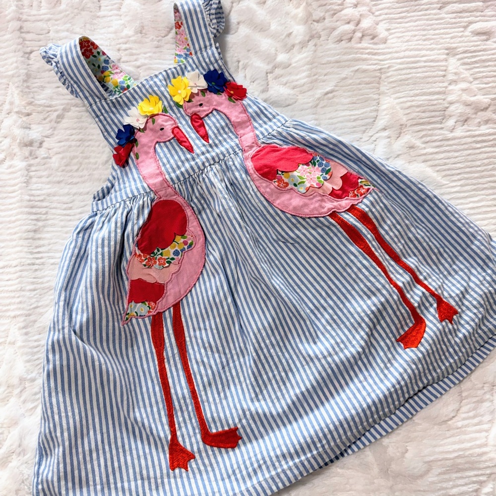 🦩Baby Boden Striped Pinafore Dress with Flamingo Appliqué, 2-3